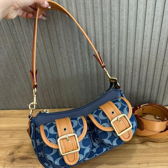 Coach Ashton Baguette Bag In Signature Canvas Denim/Brown CY700 - Picture 2 of 7